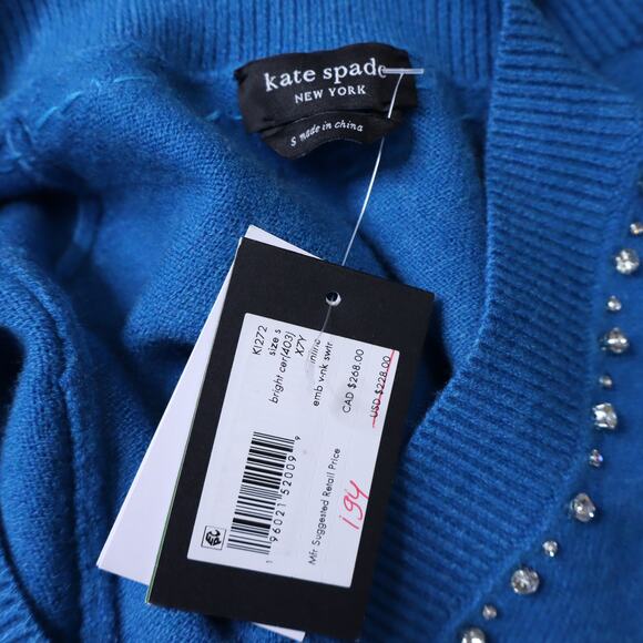KATE SPADE NWT Bow Embellished V Neck Sweater Bright Cerulean Women's S - Picture 7 of 9